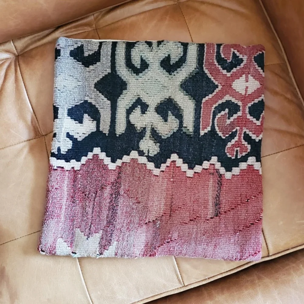 Hand Woven Turkish Old Kilim Wool Brown Red Throw Pillow Cover 15.5